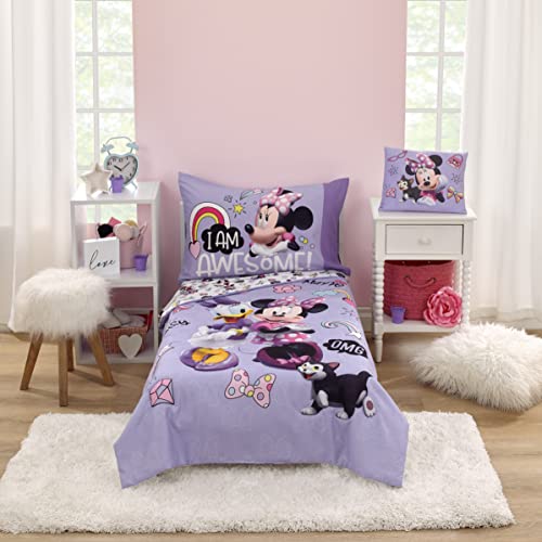 Disney Minnie Mouse I am Awesome Lavender, Pink, and White with BFF Daisy Duck, Rainbow Hearts and Stars 2 Piece Toddler Sheet Set - Fitted Bottom Sheet and Reversible Pillowcase - color: Minnie Mouse I Am Awesome