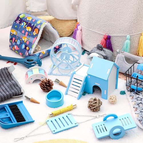 Teenyyou 24 Pcs Small Guinea Pig Starter Kit Essentials for Hamster Cage Accessories Toys House Bed Cage Cleaner Food Bowl Water Holder Carrier Bag Teething Toys Liner Tunnel for Beginner(Blue) - color: Blue