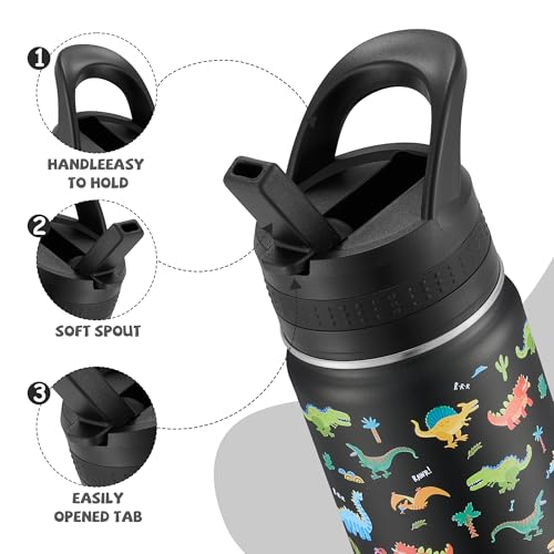 14 Oz Kids Water Bottle, Stainless Steel Water Bottle with Straws, Leak-Proof, BPA-Free, Insulated Water Bottles for School Boys & Girls|Black Dinosaur - color: Black cartoon dinosaur
