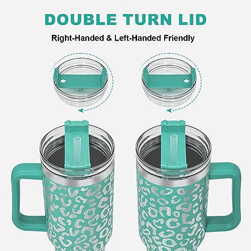 40 oz Tumbler with Handle and Straw, 100% Leak-Proof Travel Mug, Stainless Steel Double Wall Vacuum Insulated Coffee Cup Keeps Cold For 34 Hours, Dishwasher Safe, Green Leopard - color: Green Leopard