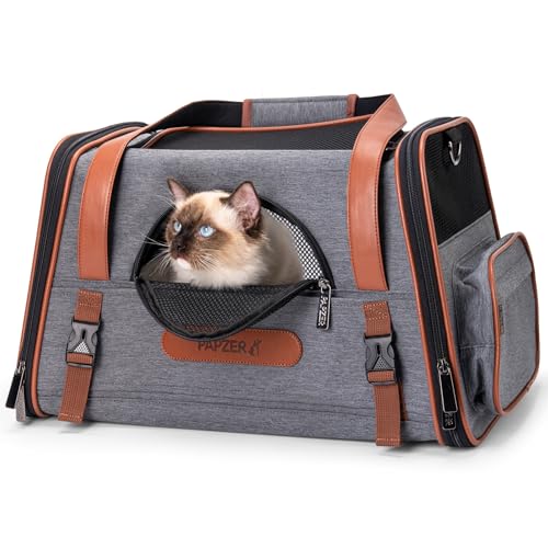Premium Pet Carrier for Cat, Carry Purse with Head Hole, Seatbelt Buckles | High Qualiy Leather, Medium to Large Cat up to 20lbs, Small Puppy Dog 10lbs Car Travel Crate, Top & Side Load, Luggage Sleeve