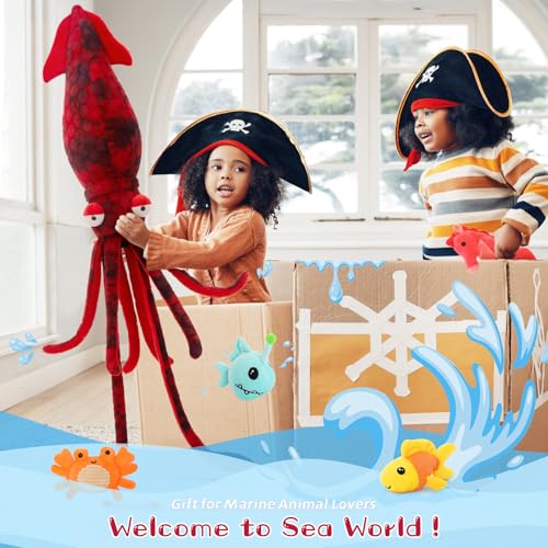 Giant Squid Stuffed Animal with 4 Sea Animal Plush, Red, 41.3" | 5Pcs Squid Plush Toy: Crab, Seahorse, Clownfish & Anglerfish; Zipper Head Storage; Weighted Tentacles; Birthday Gift for Kids - style: Squid Red