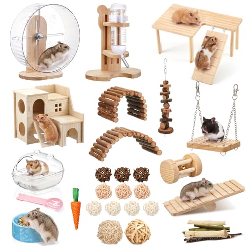 40 Pcs Hamster Cage Accessories, 9.5'' Exercise Wheel, Wood Platform Hideout House, Water Bottle, Sand Bath, Bowl, Chew Toy for Syrian Hamsters Mice Gerbils Habitat Decor(Active Style) - style: Active Style