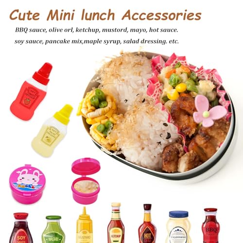 55-Pack Bento Box Accessories & Mini Condiment Bottles Set | 55pack: 4 mini condiment bottles, 40 animal food picks, 4 sauce containers, 7 divider cups. BPA-free, leak-proof, reusable.