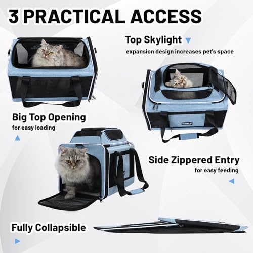 Cat Carrier Top-Expandable 18x11x11, United Delta American Airline Approved | Soft Samll Dog Pet Carry-On Bag Underseat in Cabin, Puppy Air Travel Crate 10 Pounds, Kitten TSA Plane Carrying Case Blue - color: Blue