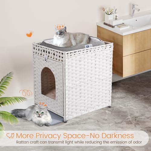 Snughome Cat Litter Box Enclosure Furniture Hidden with Litter Mat, Hidden Washroom Furniture with Door, Handwoven Rattan Cat Washroom Box, Indoor Pet House for Living Room, Bedroom(White) - color: White
