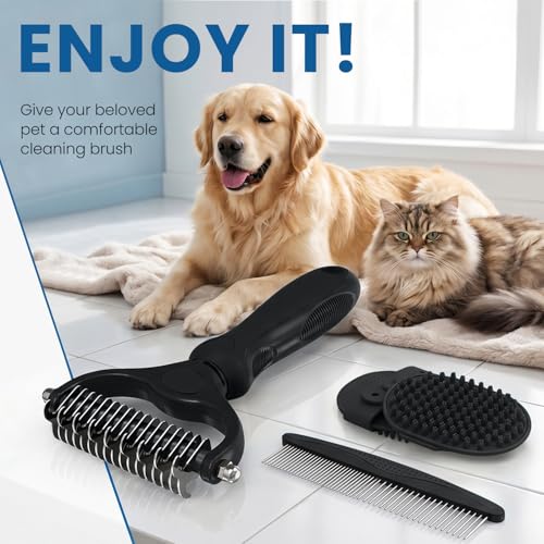 Double-Sided Pet Grooming Rake - 4-in-1 Professional Pet Grooming Kit Deshedding Dematting Tool for Dogs Cats Extra-Wide Grooming Brush & Deshedder Comb for Long & Short Haired Pets (Black Kit 4PCS) - color: Black
