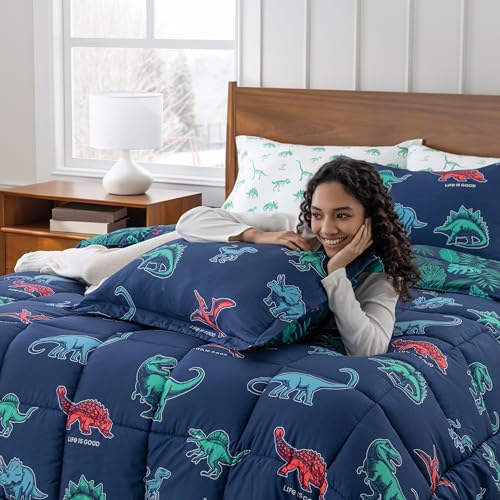 Berkshire LIG Printed Reversible Microfiber Comforter Set–7-Piece, Ultra Soft All-Season Bedding, Wrinkle & Fade Resistant, Queen, Life was Good Dinos Navy - color: Life Was Good Dinos Navy, size: Queen