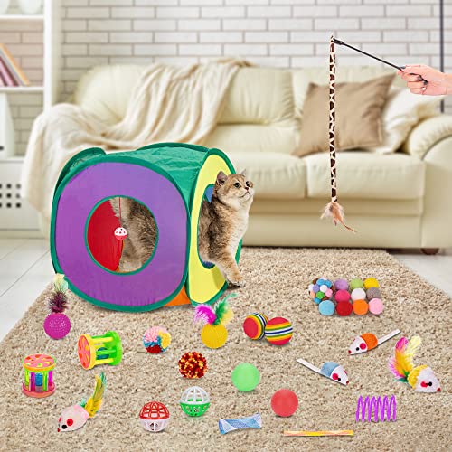 Retro Shaw 33 Pack Cat Toys, Interactive Kitten Toys for Indoor Cats | Collapsible Kitty Tunnel, Durable, Feather Teaser Wand Springs Balls Bell Mouse Kitten Hideaway Playhouse 15.7" - color: For cats less 12lbs