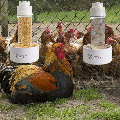 Kalekey 2 Pack Transparent PVC Chicken Feeder, Oyster Shell and Grit Feeder Hanging Ground Chicken Coop Feeder with Hanging Hook for Hens & Chicks (White) - color: White