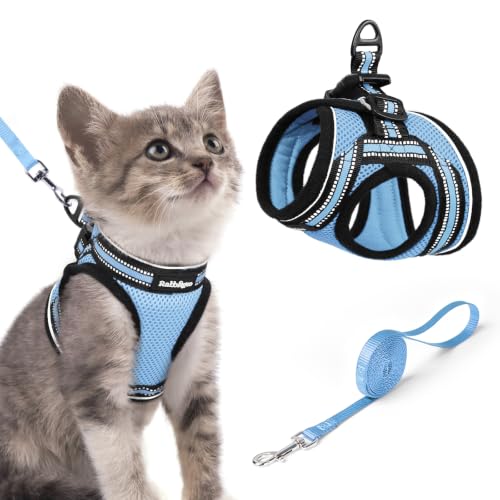 rabbitgoo Cat Harness and Leash Set, Step-in Soft Vest, Light Blue | Escape Proof, Lightweight, Easy-on & Adjustable, Hook & Loop with Buckle, Reflective, for Kittens & Small Cats Walks, S - color: Light Blue, size: S