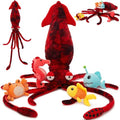 Giant Squid Stuffed Animal with 4 Sea Animal Plush, Red, 41.3" | 5Pcs Squid Plush Toy: Crab, Seahorse, Clownfish & Anglerfish; Zipper Head Storage; Weighted Tentacles; Birthday Gift for Kids - style: Squid Red