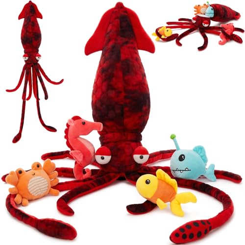 Giant Squid Stuffed Animal with 4 Sea Animal Plush, Red, 41.3" | 5Pcs Squid Plush Toy: Crab, Seahorse, Clownfish & Anglerfish; Zipper Head Storage; Weighted Tentacles; Birthday Gift for Kids - style: Squid Red