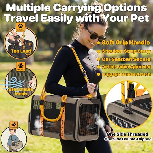 PAWZIDEA Expandable Pet Carrier for Small Cats & Dogs, TSA Airline Approved | 18"×11"×11" Soft-Sided Small Dog Travel Bag, Collapsible Top-Load Cat Carrier for 2 Cats Under Seat, Puppy Car Seat Up 15lbs - color: Khaki Plaid, size: 18.0"L x 11.0"W x 11.0"H