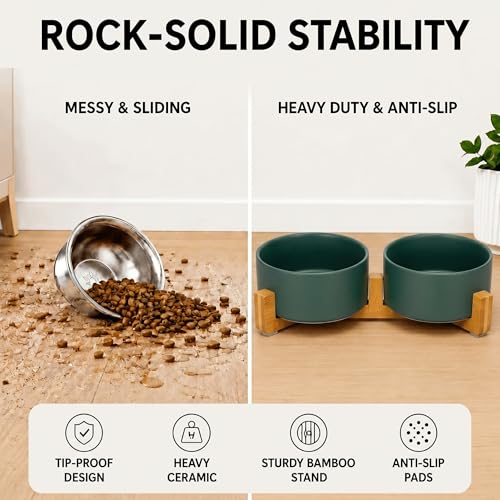 SPUNKYJUNKY Ceramic Dog and Cat Bowl with Wood Stand Non-Slip Matte Glaze Weighted Food Water Set for Cat Medium Dog 28.7 OZ - color: Green × 2, size: 3.6 cups