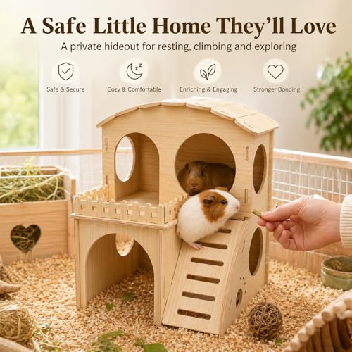 Large Guinea Pig Hideout Place, Double Layered Wooden Hamster House with ramp and Hamster Platform. Suitable for Hiding Places for Small Animals Such as Guinea Pigs, Hamsters, Rabbits, etc. - color: Castle