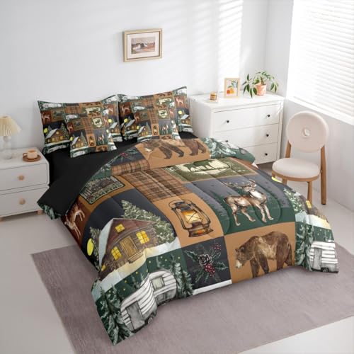 Erosebridal Hunting Bear 7 Piece Comforter Set Full Rustic Farmhouse Bedding Sets for Kids Teens Cabin Decor Vintage Barn Woodland Animals Moose Sheet Set Retro Buffalo Plaid Camper Quilt Brown - color: Brown Green White, size: Full