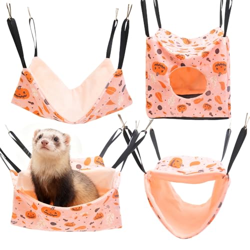 4 Pack Ferret Hammock Set, Hanging Soft Small Animal Hammocks with Hideout,Tunnel and Double Layer,Cage Accessories for Ferret,Rats,Sugar Glider,Squirrel(Orange-Yellow) - color: Orange-Yellow
