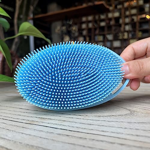 Premium Sensory Brush for Kids or Autism,Soft Silicone Body Scrubber,2 in 1 Sensory Room Occupational Therapy Brushes,Silicone Loofah,Pet Shower Brush Bath Brush Shampoo Brush(hangable-Oval-Blue) - color: Hangable-oval-blue