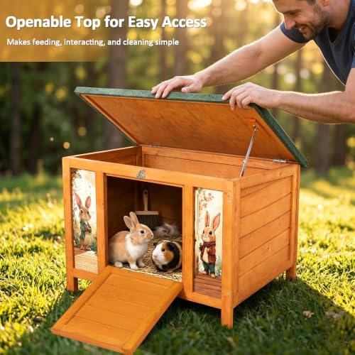 24" Outdoor Rabbit Hutch and Small Cat House for Small Animals | Openable waterproof roof, raised floor, lockable fold-down ramp door, sheltered resting area for guinea pigs, chicks and pets