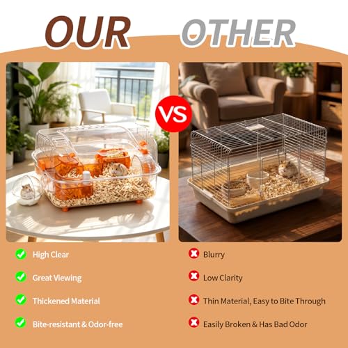 Hamster Cage with Bath, Clear PET Habitat for Dwarf Hamsters | 19.68"x14.17"x12.59", hamster enclosure with external bath area, platform, wheel and activity space for small pets - size: 19.7"L x 14.2"W x 12.6"H