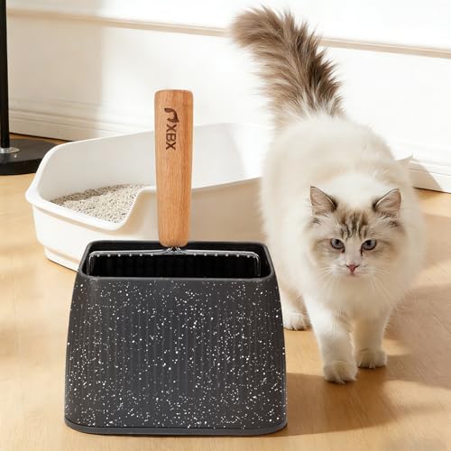 XBX Cat Litter Scoop with Holder, Heavy Duty Litter Sifter, Stainless Steel Litter Shovel, Litter Scooper with Beech Wood Grip and Washable Stand, Perfect for Cat Litter Box Cleaning