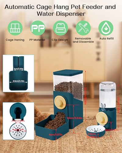 Hanging Automatic Pet Food and Water Dispenser, Auto Gravity Rabbit Ferret Bunny Hedgehog Feeder Water Dispenser Sets, Cat Dog Food and Water Dispenser Food Bowl for Cage Hanging (Dark Blue)