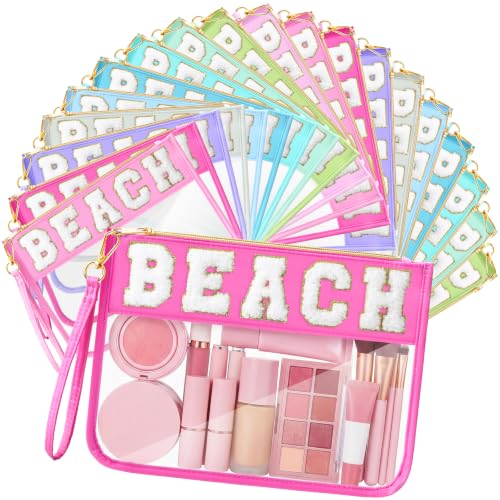 Kacctyen 20 Pcs Chenille Letter Beach Bags Cheerleader Clear Makeup Bags Snacks Pouch Bulk Preppy Patch Cosmetic Pouch with Wrist Strap Zipper for Travel Team Cheerleaders (Classic Color) - color: Classic Colo