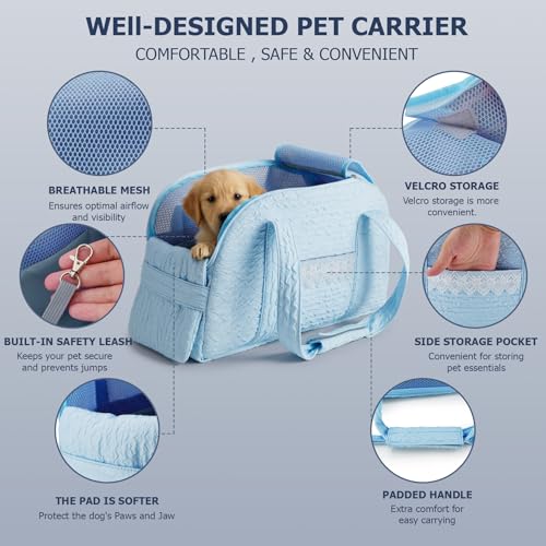 Dog Carrier Tote Bag, Foldable Soft Sided Breathable Mesh Lightweight Travel Handbag with Padded Handles, Lace Decor Portable Pet Purse for Small Puppy Kitten Cat Up to 15 Lbs (Blue) - color: Blue