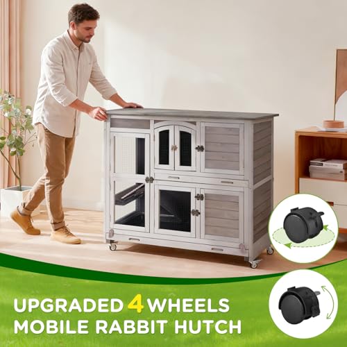 GUTINNEEN Large Rabbit Hutch Indoor with Chew-Proof Ramp, 47" Wooden Bunny Cage Guinea Pig Cages with Casters, Leak-Resistant Trays for Rabbits, Guinea Pigs, Small Animals