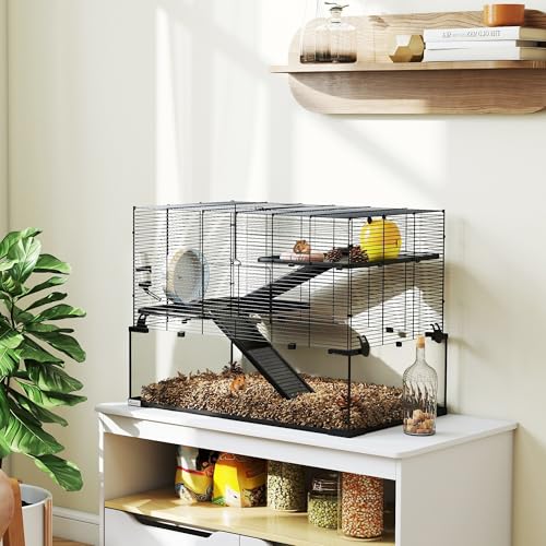 PawHut Large Hamster Cage Deep Tempered Glass Bottom 30"x19"x21.5" Black | 3 Tiers Hamster Tank, Running Wheel, Hut, Water Bottle, Dish, Rat Cage for Syrian, Dwarf, Gerbils, Mouse - size: 30.1"L x 19.0"W x 21.5"H