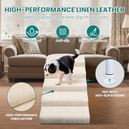 Dog Stairs for High Bed & Couch, Adjustable 5 Step Pet Steps | 19.7" Wide, For Small, Medium & Large Dogs, Non-slip Linen Faux Leather, Holds up to 150 lbs, Adjustable Height 18.5"–21.7"