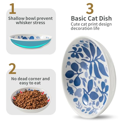 3 Ceramic Cat Bowls,5.5 inch Wide Shallow Cat Food Bowl for Relief Whisker Fatigue - color: Blue-A