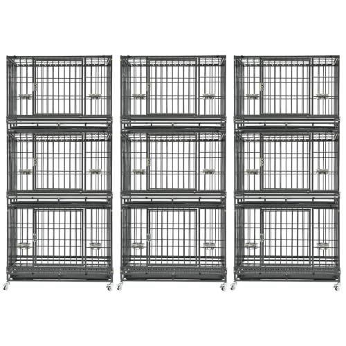 Homey Pet 3 Pack Three Tier 37" Heavy Duty Stackable Dog Crate with Wheels | Drop Cages for Dogs with Escape proof Locks, Tray, Bowl, Open Top, for Small and Medium Dogs, Breeders and Multi-dog Homes - size: 37"L x 22.5"W x 29.5"H - 3 Tiers - 3 Pack
