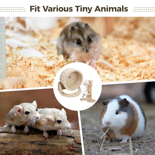 2 PCS Wooden Silent Hamster Wheel and Hamster Water Bottle Set, 8.6" Guinea Pig Wheel with Adjustable Water Dispenser Stand for Gerbil, Syrian & Dwarf, Chinchilla and More Small Animal