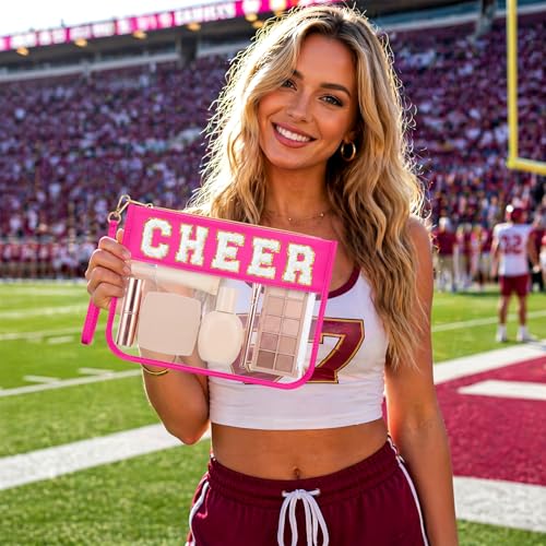 Kacctyen 20 Pcs Rose Pink Chenille Letter Cheer Bags Cheerleader Clear Makeup Bags Snacks Pouch Bulk Preppy Patch Cosmetic Pouch with Wrist Strap Zipper for Travel Team Cheerleaders - color: rose Pink