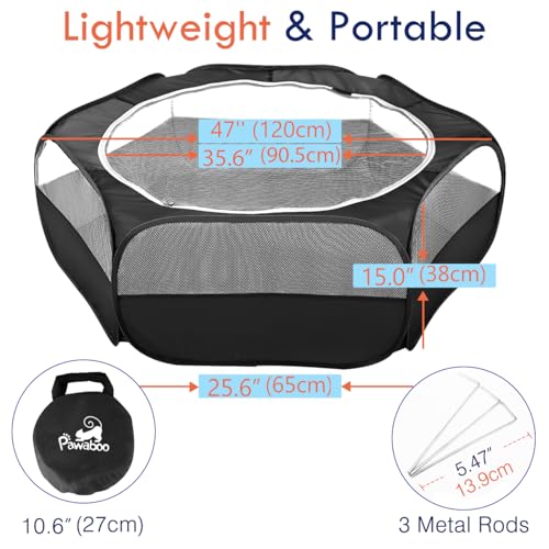 Pawaboo Small Animal Playpen with Zippered Cover, Black | Portable pop-up pet tent for supervised rabbits, guinea pigs, chicks and kittens; water-resistant bottom and 3 metal rods - color: H-Black