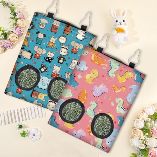 2Pcs 2 Styles Rabbit Hay Feeder Bag with 2 Holes 11.6 x 9.1 Inch Guinea Pig Hay Holder Small Animal Dinosaur Pattern Cloth Washable Hanging Feeding Holders for Bunny Chinchillas Hamsters - color: Dinosaur