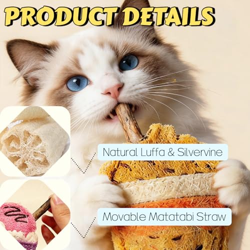 Natural Loofah Chew Cat Toys Janpanese Style, Dental Care Silvervine Sticks for Indoor Cats and Kittens, Milk Tea Cup-Shaped Catnip Treat Toys (Green) - color: Green