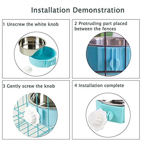 Tfwadmx Crate Dog Bowl Cat Removable Stainless Steel Food and Water Feeder Hanging Cage Bowls Coop Cup with Cleaning Set for Pet Puppy Bird Rat Guinea Pig Ferret Bunny Rabbit 2Pcs - color: Light blue, light green (2 PCS)