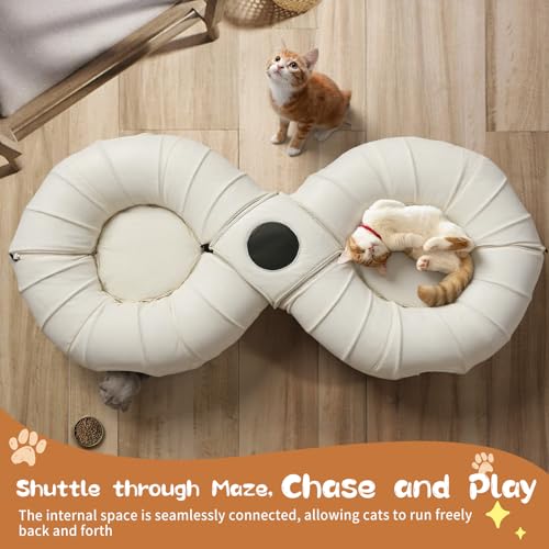 Pawaboo 2-in-1 Cat Tunnel Bed, 8-Shaped Cat Tunnels, Beige | Foldable Cats Cave Hideout Kitty Toys with Fluffy Balls, Donut Tunnel for Kitten Rabbit Ferret - color: Beige, size: 68.9 x 31.5 x 11.8in