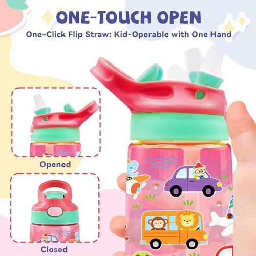 Kids Plastic Water Bottle - Cute Water Bottle for Kids, 14oz Plastic Water Bottles with Straw Lid, Leakproof BPA-Free Cute Animals Water Bottles for Home Sports Travel, Pop-Up Straw Cover, Pink - color: Fun Animals