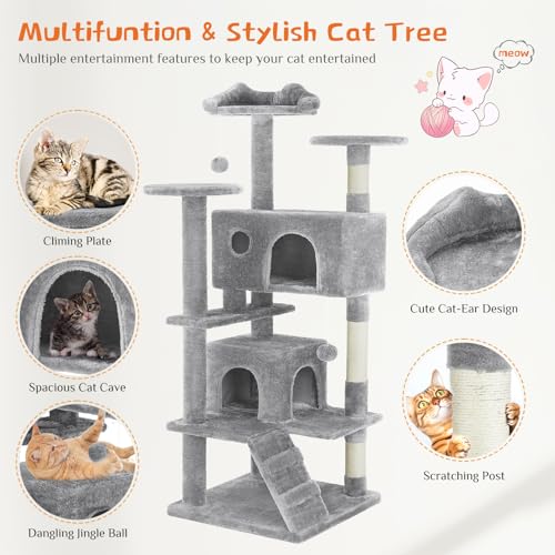 Sweetcrispy 54-Inch Cat Tree Tower – Multi-Level with Sisal Scratching Post, Perfect Pet Gift, Indoor Condo with Climbing Ladder, Plush Toy, and More Animal Stuff, Light Grey | Multi-Level with Indoor Cat Condo with Climbing Ladder, Plush Toy, Play House
