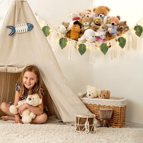 Dremisland Stuffed Animal Toy Net Hammock with Star Light Boho Leaf Macrame Tassel Corner Toy Organizer Bohemian Woven Decor Display Holder for Girls Room Nursery Kids Bedroom Play Room Decor (Green)