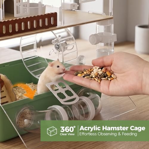 Acrylic Hamster Cage Clear Hamster Habitat with Running Wheel & Hideout | 2-Tier Hamster House with Tubes and All Accessories, Easy to Clean, Suitable for Small Hamsters, 13.3''* 9.8''* 17.4'', Green - color: Green