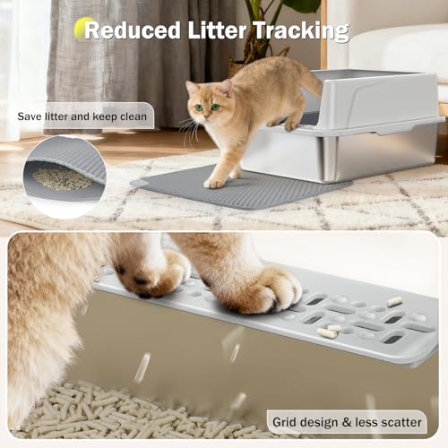 Stainless Steel Cat Litter Box with Lid, High-Sided Metal Litter Pan for Small Cats, Kitty Litter Box, Non-Stick & Odor-Resistant, Anti-Urine Leakage, Easy to Clean, Scoop Included - color: Silver Grey, size: S