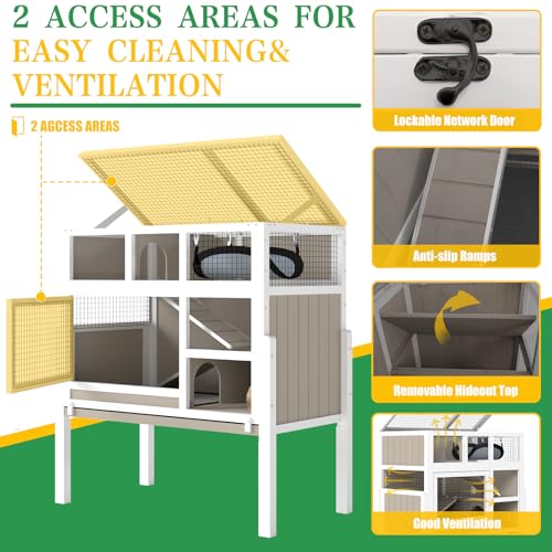Ketive Guinea Pig Cages Indoor, 3-Story Wooden Small Animal Cage with Stand | Rabbit Hutch with Ramps, Removable Hammock & Hideout, Leak-Proof Pull-Out Tray Habitat for Hamsters, Guinea Pigs, Rabbits