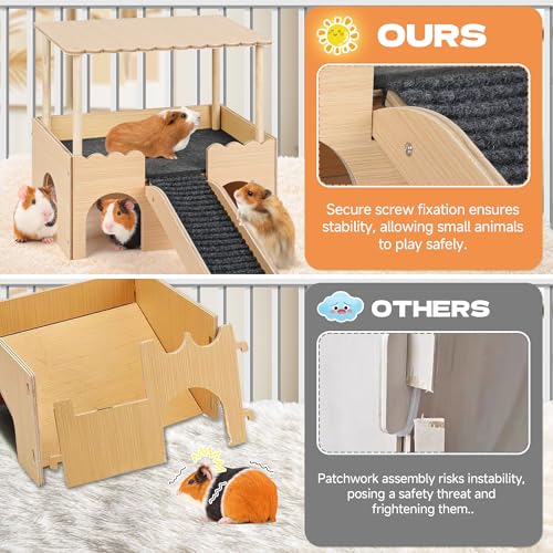 Wooden Guinea Pig Hideout Castle with Stairs,Small Animal Bed Hut Habitats Spacious 2-Level Detachable Small Pet House for Rabbits, Hamsters & Chinchillas Bunny (Updated Grey) - color: Updated Grey