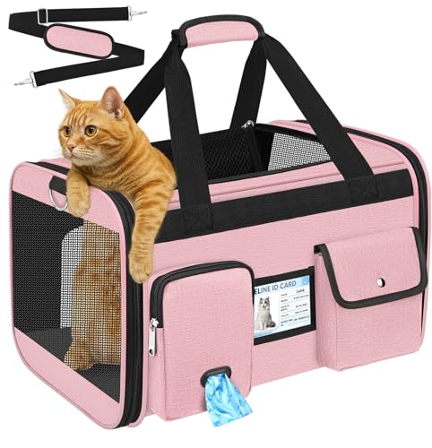 HUANLANG Large Cat Carrier Soft Sided Travel Pet Carrier Airline Approved | Dog Carriers for Small Dogs Medium Cats,Collapsible,3 Storage,zipper lock,Reflective strips,Luggage Strap, Up to 15 L,Pinkbs - color: Pink