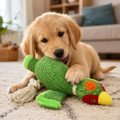 Dog Squeaky Toys Plush Mallard Duck Dog Chew Toy with Knotted Rope Tassels, Teething Interactive Tug Toy for Small, Medium and Large Dogs - color: Green Bird